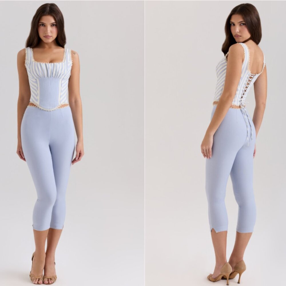 HOUSE OF CB 'Petra' & 'Carella' Blue StretchTwill Fitted Corset/ Capri Set NWT